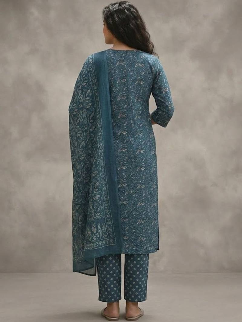 easy-moving ethnic motifs printed regular thread work cotton kurta with trousers & with dupatta