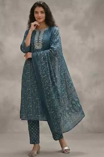 easy-moving ethnic motifs printed regular thread work cotton kurta with trousers & with dupatta