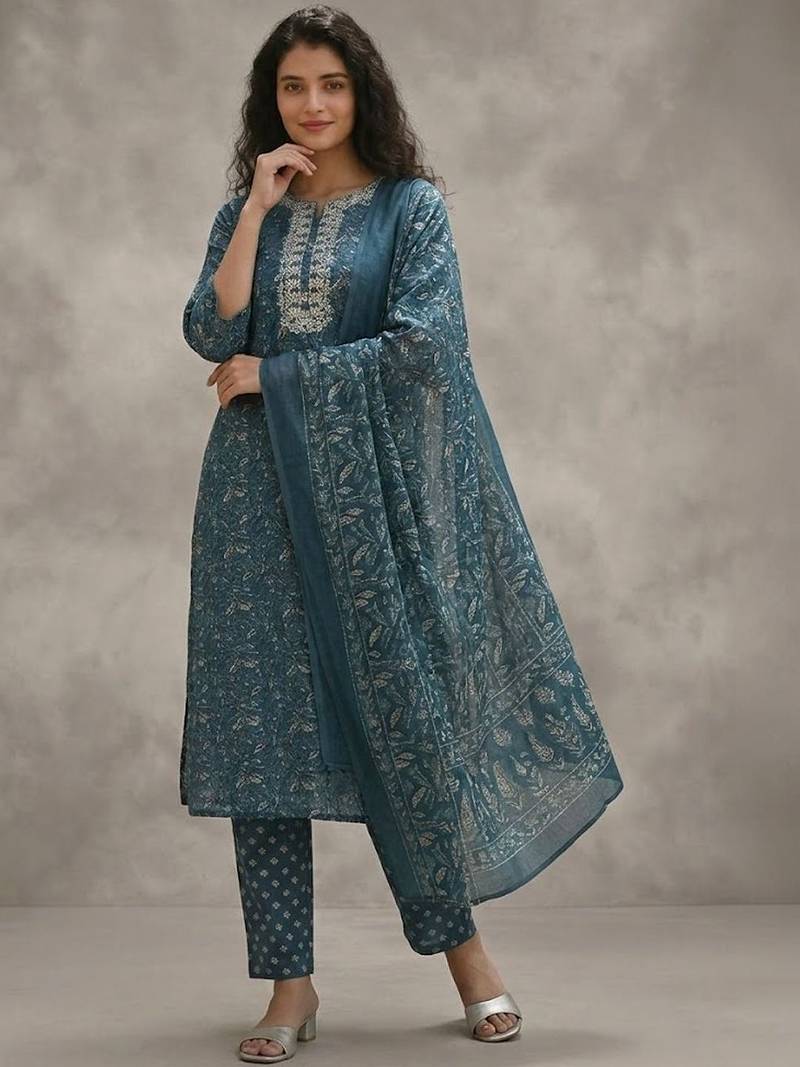 easy-moving ethnic motifs printed regular thread work cotton kurta with trousers & with dupatta