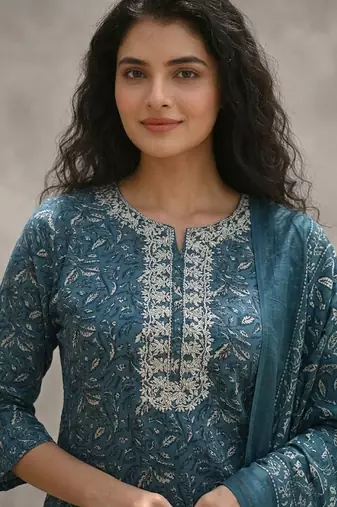 easy-moving ethnic motifs printed regular thread work cotton kurta with trousers & with dupatta
