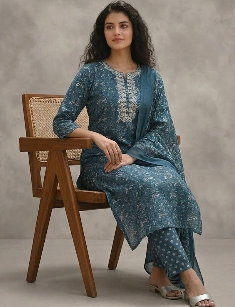 easy-moving ethnic motifs printed regular thread work cotton kurta with trousers & with dupatta