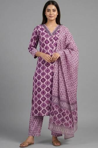 smart printed ethnic motifs printed regular cotton kurta with trousers & with dupatta