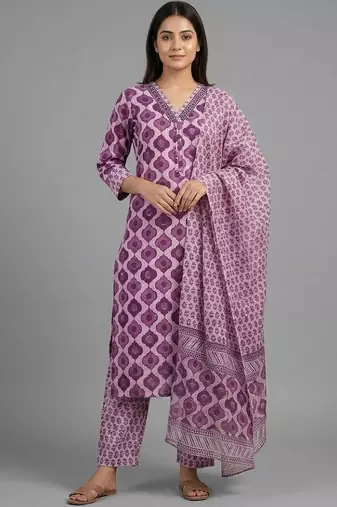 smart printed ethnic motifs printed regular cotton kurta with trousers & with dupatta