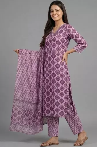 smart printed ethnic motifs printed regular cotton kurta with trousers & with dupatta