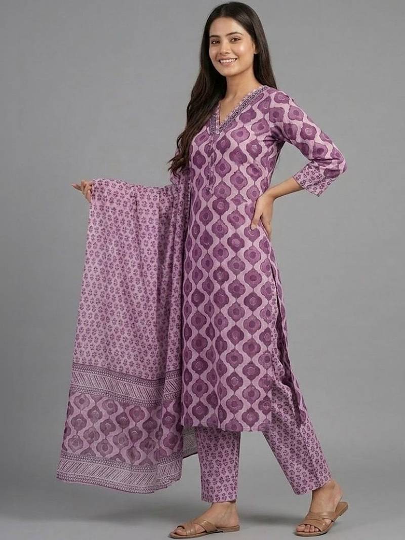 smart printed ethnic motifs printed regular cotton kurta with trousers & with dupatta
