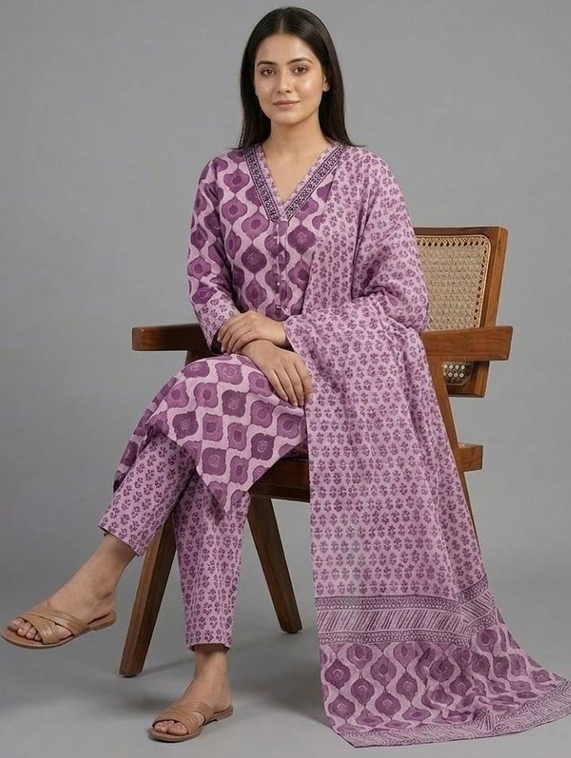 smart printed ethnic motifs printed regular cotton kurta with trousers & with dupatta