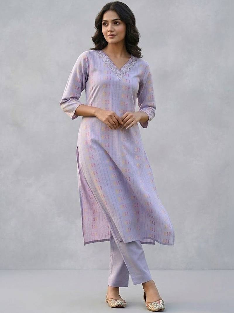 printed formal cotton ethnic motifs printed regular thread work kurta with trousers