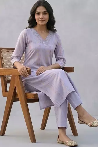 printed formal cotton ethnic motifs printed regular thread work kurta with trousers
