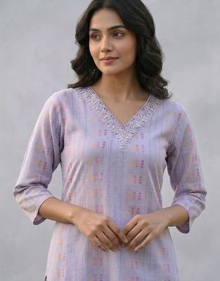 printed formal cotton ethnic motifs printed regular thread work kurta with trousers 6