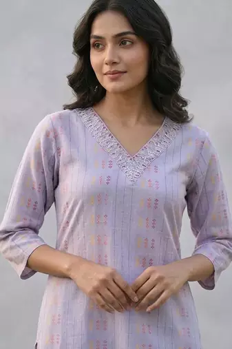 printed formal cotton ethnic motifs printed regular thread work kurta with trousers