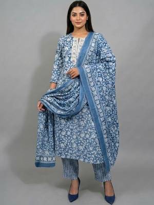 flare workwear ethnic motifs printed regular thread work kurta with trousers & with dupatta 1
