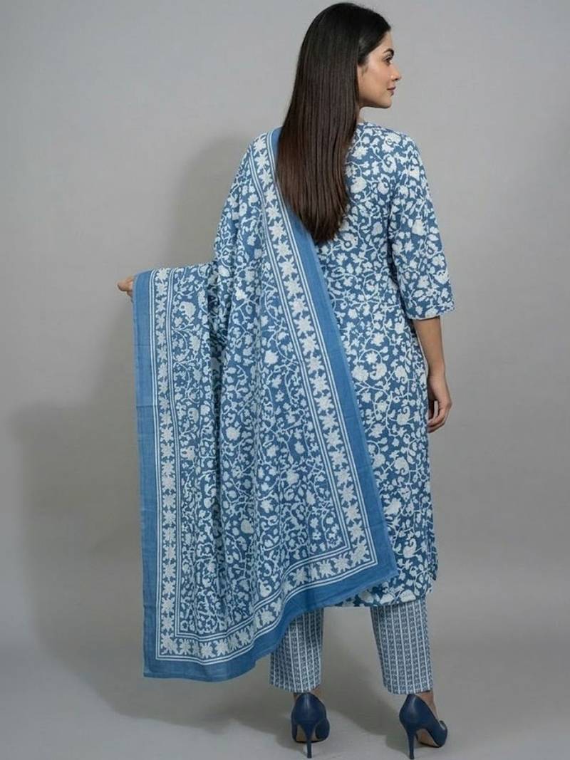 flare workwear ethnic motifs printed regular thread work kurta with trousers & with dupatta
