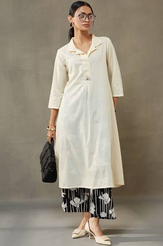 structured a-line floral regular thread work cotton kurta with palazzos