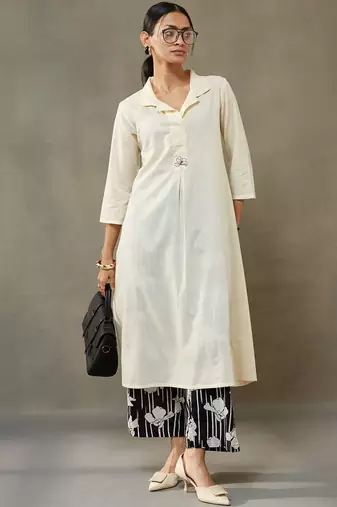 structured a-line floral regular thread work cotton kurta with palazzos