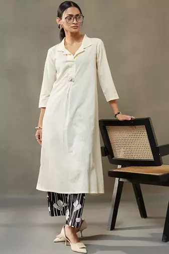 structured a-line floral regular thread work cotton kurta with palazzos