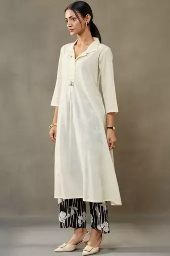 structured a-line floral regular thread work cotton kurta with palazzos