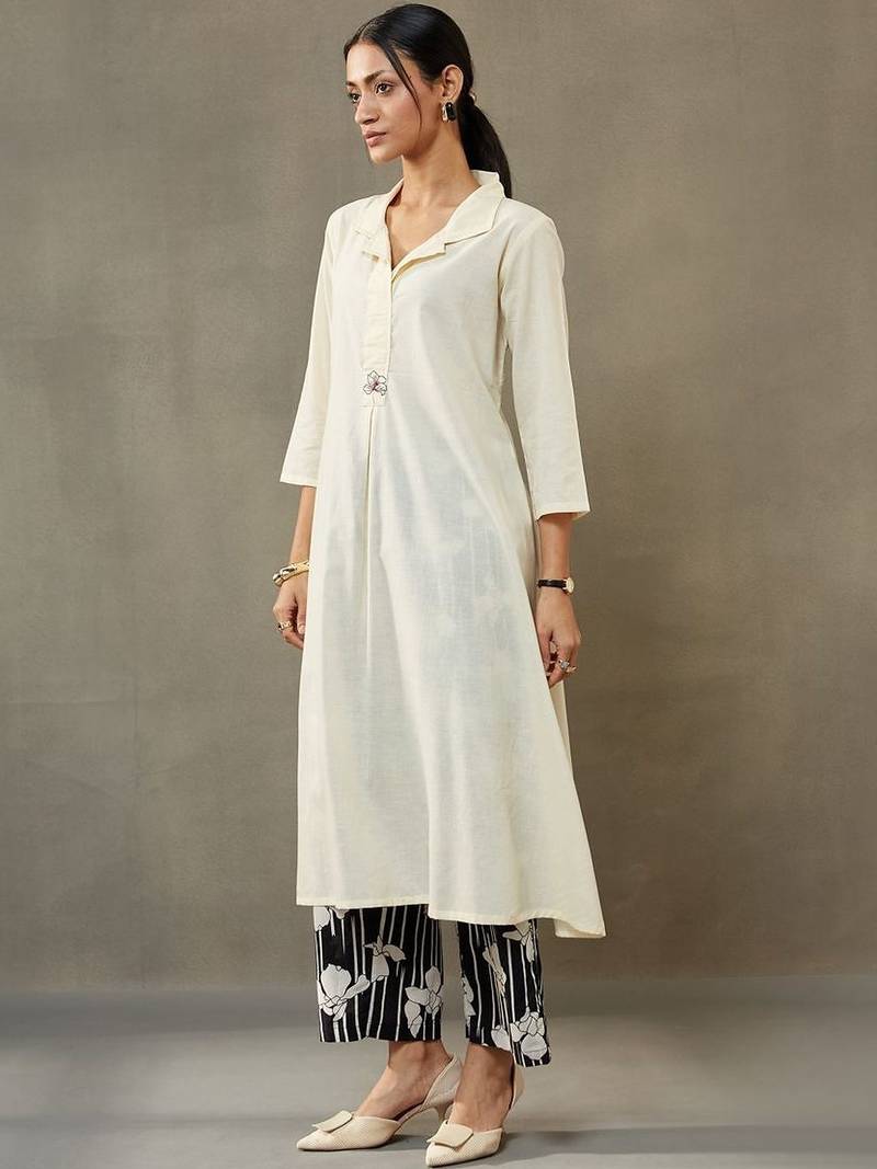 structured a-line floral regular thread work cotton kurta with palazzos