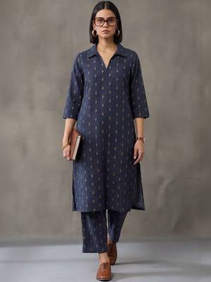 women floral embroidered regular mirror work cotton kurta with trousers 1