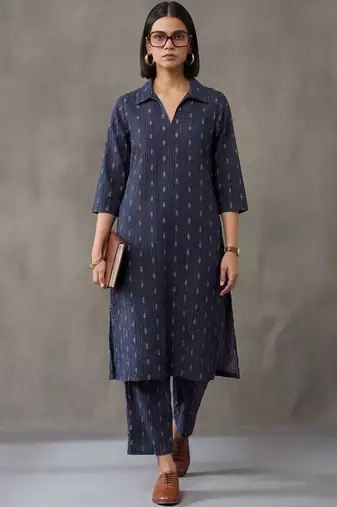 women floral embroidered regular mirror work cotton kurta with trousers
