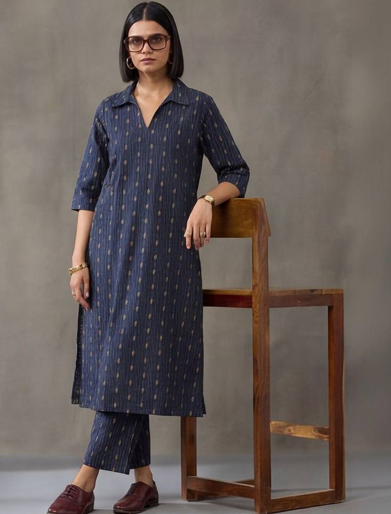 women floral embroidered regular mirror work cotton kurta with trousers