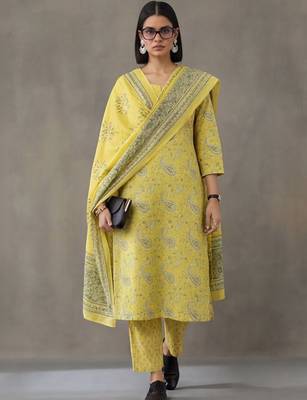 contemporary flare printed cotton kurta with palazzos & with dupatta 1