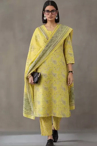 contemporary flare printed cotton kurta with palazzos & with dupatta
