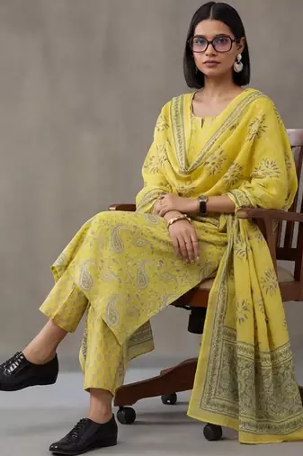 contemporary flare printed cotton kurta with palazzos & with dupatta