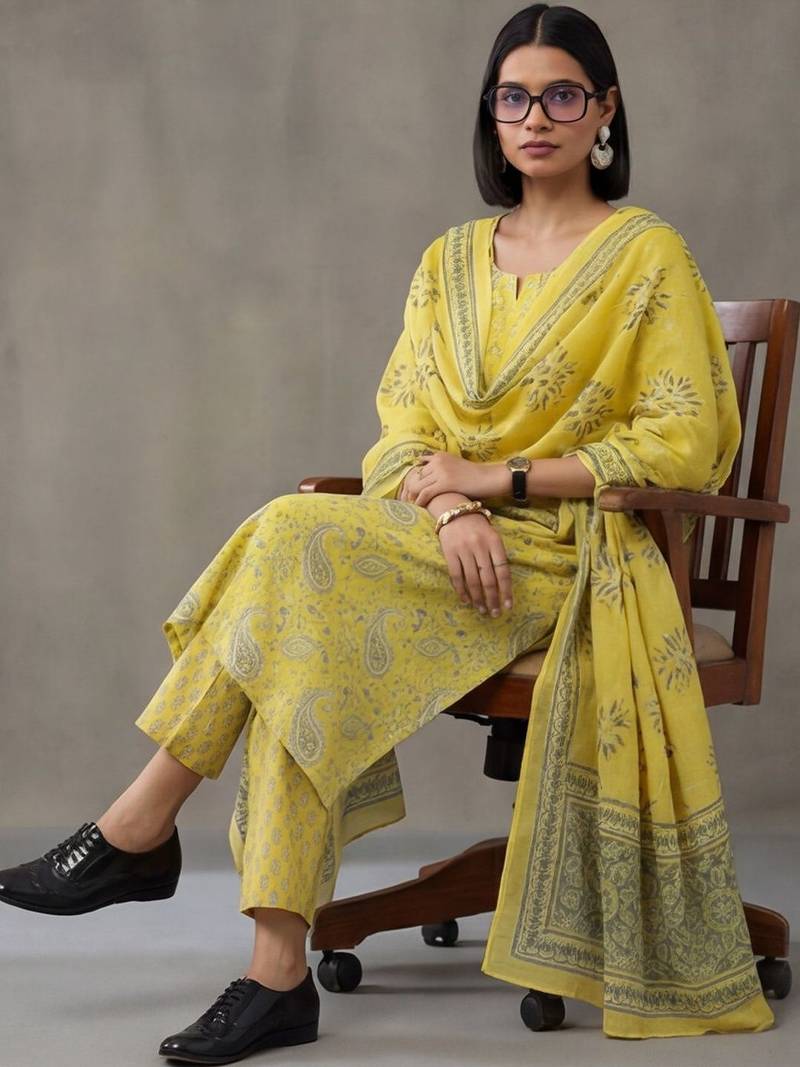 contemporary flare printed cotton kurta with palazzos & with dupatta