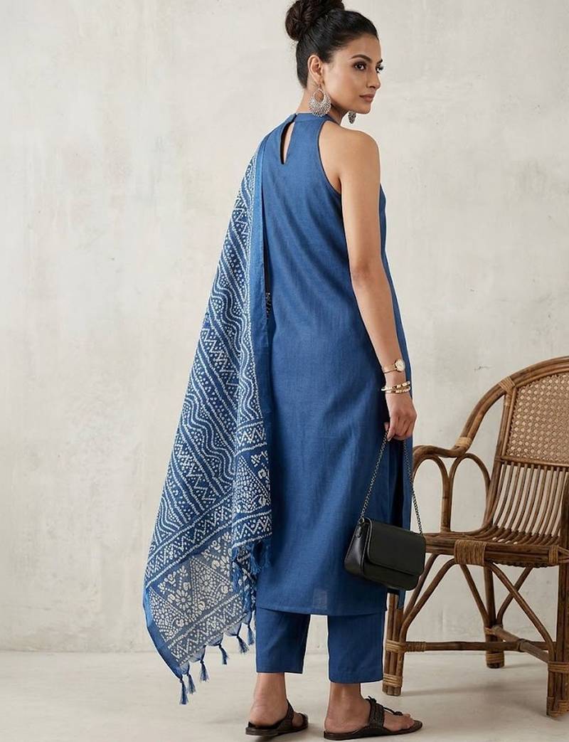 office women regular cotton kurta with trousers & with dupatta