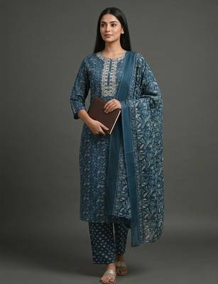 everyday women floral yoke design regular thread work cotton kurta with trousers & with dupatta 1