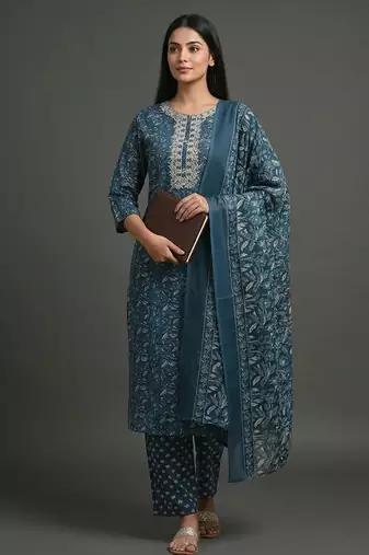 everyday women floral yoke design regular thread work cotton kurta with trousers & with dupatta