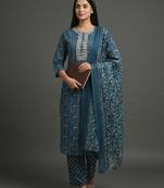 everyday women floral yoke design regular thread work cotton kurta with trousers & with dupatta