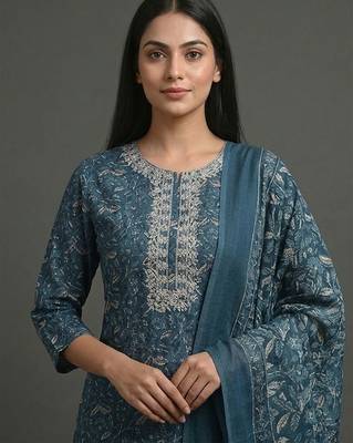 everyday women floral yoke design regular thread work cotton kurta with trousers & with dupatta 2