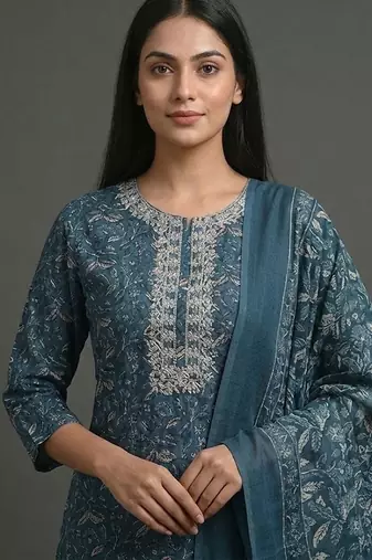 everyday women floral yoke design regular thread work cotton kurta with trousers & with dupatta