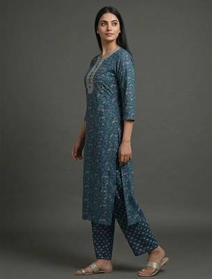 everyday women floral yoke design regular thread work cotton kurta with trousers & with dupatta 3