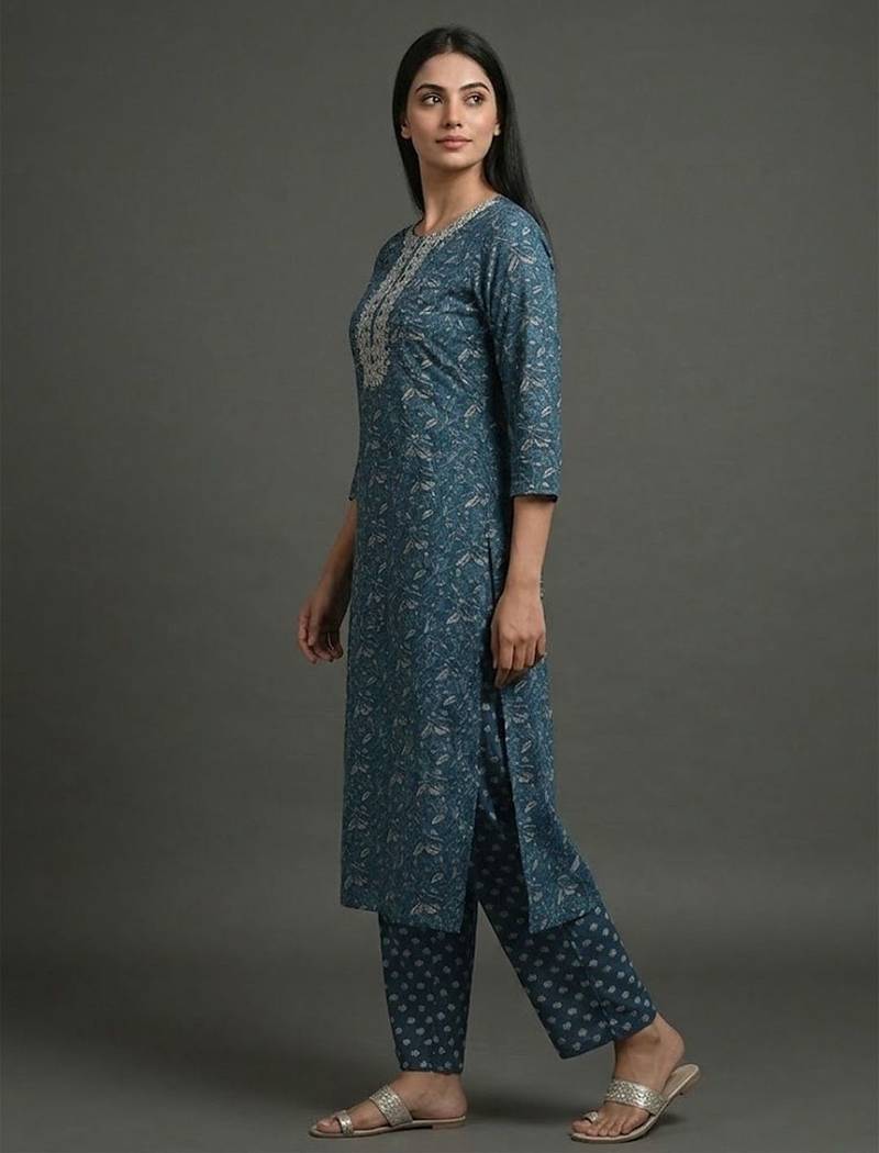 everyday women floral yoke design regular thread work cotton kurta with trousers & with dupatta