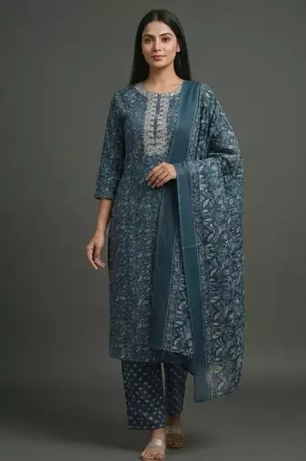 everyday women floral yoke design regular thread work cotton kurta with trousers & with dupatta