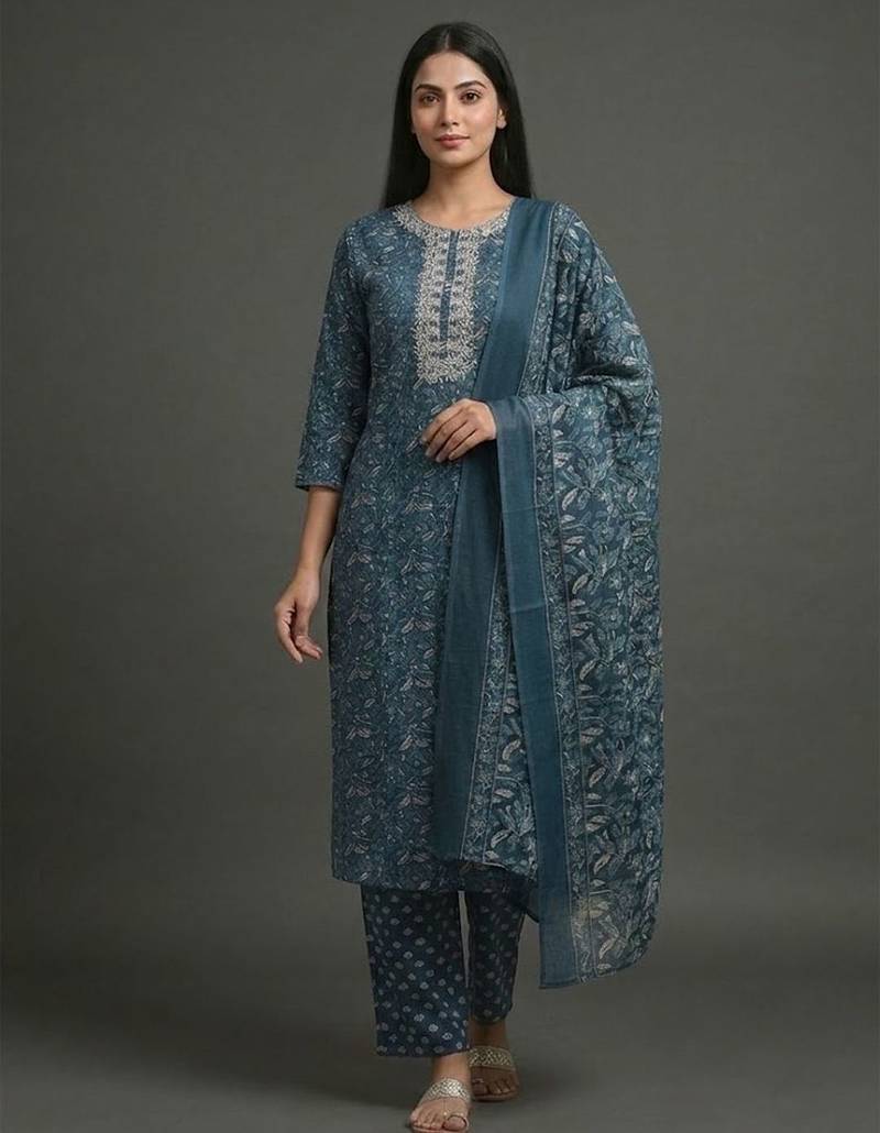 everyday women floral yoke design regular thread work cotton kurta with trousers & with dupatta