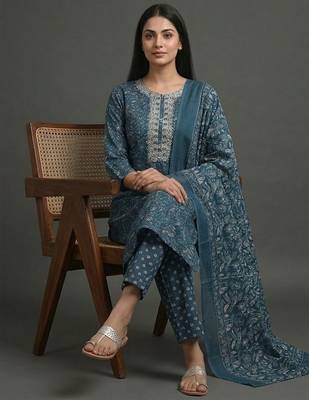 everyday women floral yoke design regular thread work cotton kurta with trousers & with dupatta 6