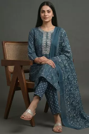 everyday women floral yoke design regular thread work cotton kurta with trousers & with dupatta