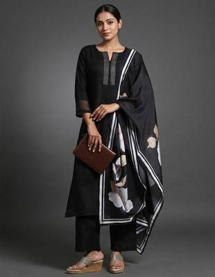 workwear women notch neck regular thread work kurta with trousers & with dupatta 1