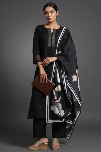workwear women notch neck regular thread work kurta with trousers & with dupatta