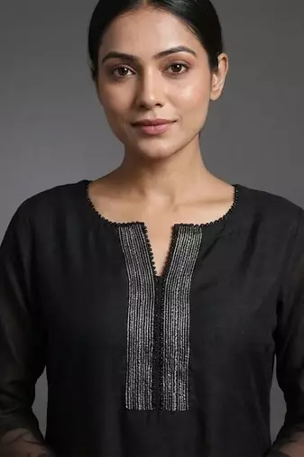 workwear women notch neck regular thread work kurta with trousers & with dupatta