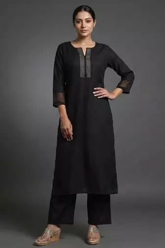 workwear women notch neck regular thread work kurta with trousers & with dupatta
