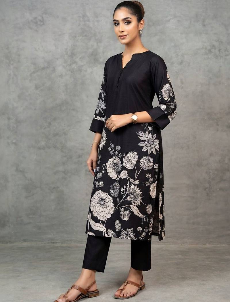 classic women floral printed regular chanderi silk kurta with trousers