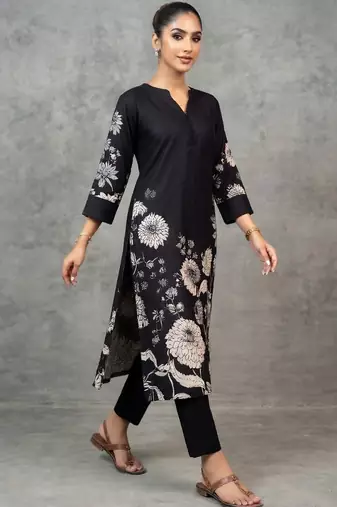 classic women floral printed regular chanderi silk kurta with trousers
