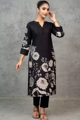 classic women floral printed regular chanderi silk kurta with trousers