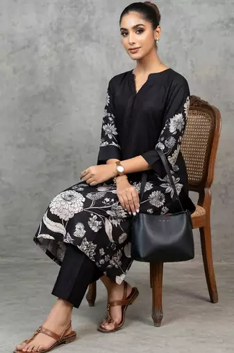 classic women floral printed regular chanderi silk kurta with trousers