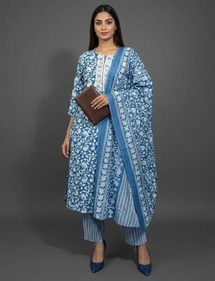 classic women floral printed regular kurta with trousers & with dupatta 1