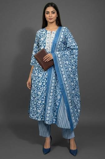 classic women floral printed regular kurta with trousers & with dupatta